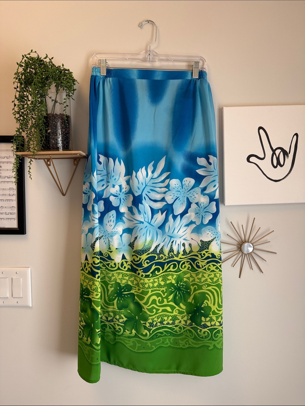 Vintage Mlle Gabrielle Blue and Green Floral Midi Skirt